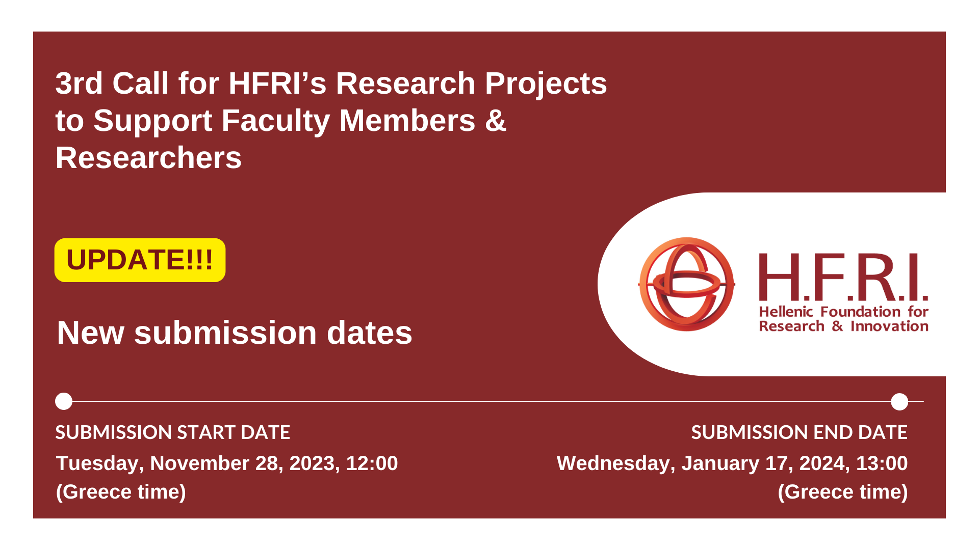 NEW SUBMISSION DATES – 2nd amendment of the “3rd Call for HFRI Research Projects to support Faculty Members and Researchers”